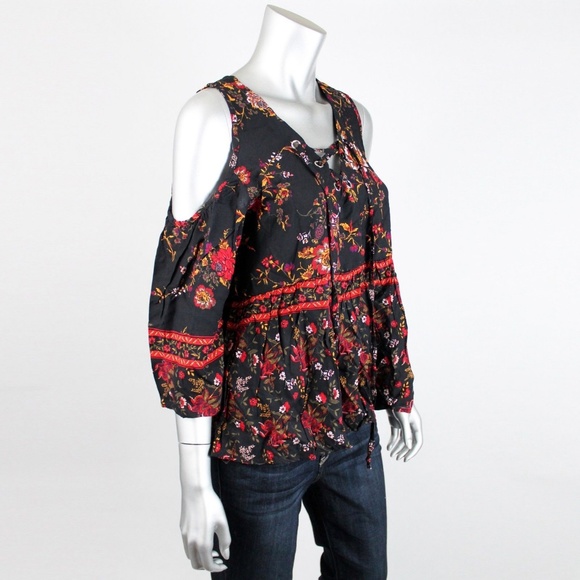 NWT XHILARATION BLK FLORAL COLD SHOULDER SHIRT LG - Picture 2 of 3